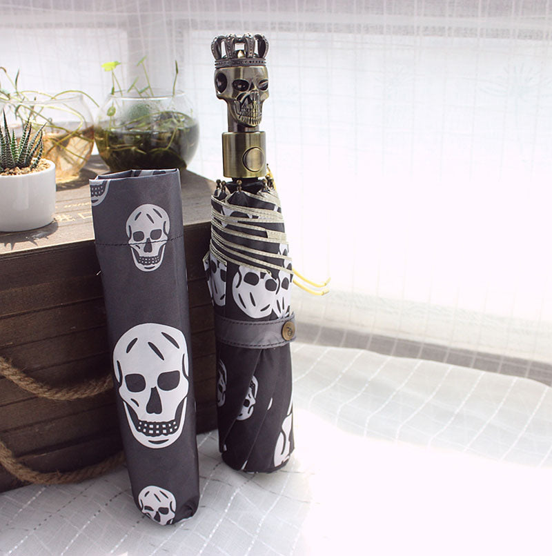 1pc Devil Skull Handle Umbrella European Creative Fully automaticlly Men Three Folding Black Coating Windproof Parasol