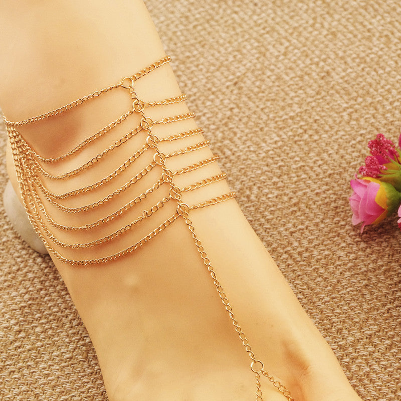 Hot sales*New Beach Fashion Multi Tassel Toe Bracelet Chain Link Foot Jewelry Anklet