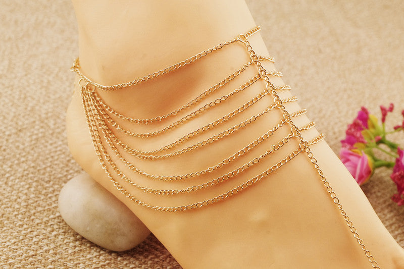 Hot sales*New Beach Fashion Multi Tassel Toe Bracelet Chain Link Foot Jewelry Anklet