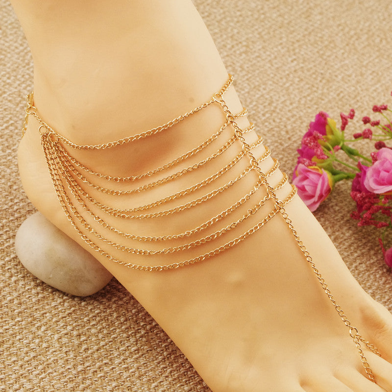 Hot sales*New Beach Fashion Multi Tassel Toe Bracelet Chain Link Foot Jewelry Anklet