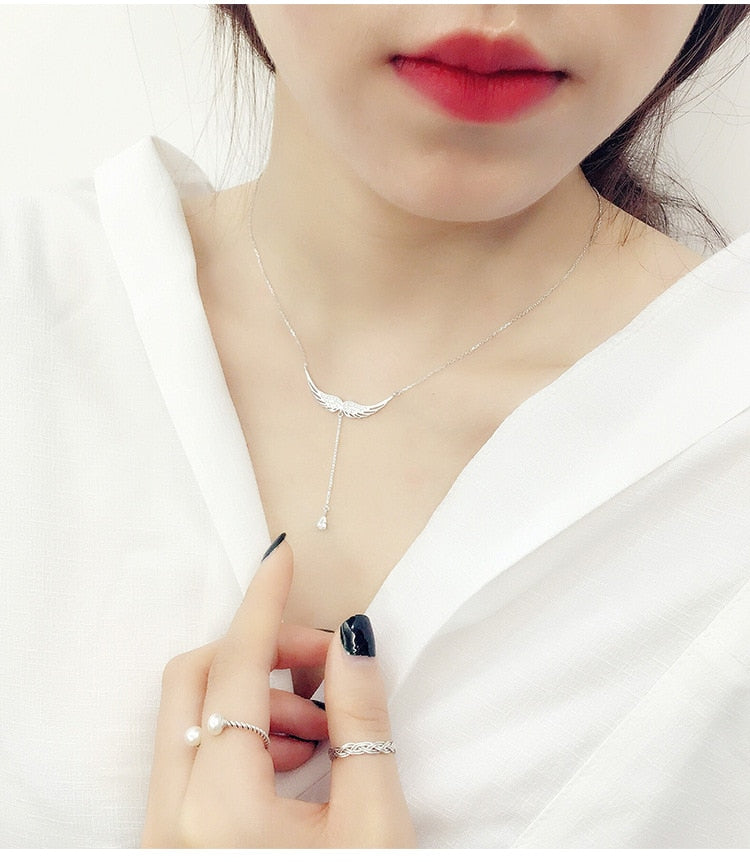 New Drop Shipping 925 Sterling Silver Necklaces Zircon Angel Wings Necklaces Jewelry Collar Colar de Plata