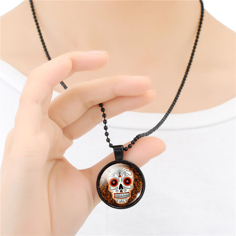 Classic Mexico Sugar Skull Pendants Necklace Vintage Jewelry Glass Cabochon Statement Necklace For Women Gift 1PC