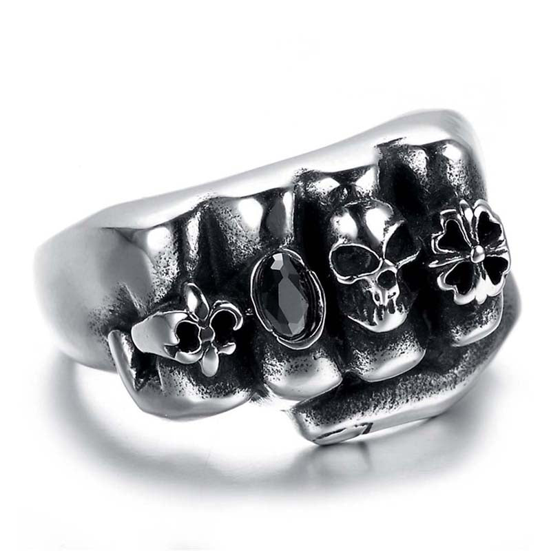 Fashion Retro Style Men Gothic Flower Skull 316L Stainless Steel Biker Ring Anarchy Death Fist Skull Ring Jewelry wholesale
