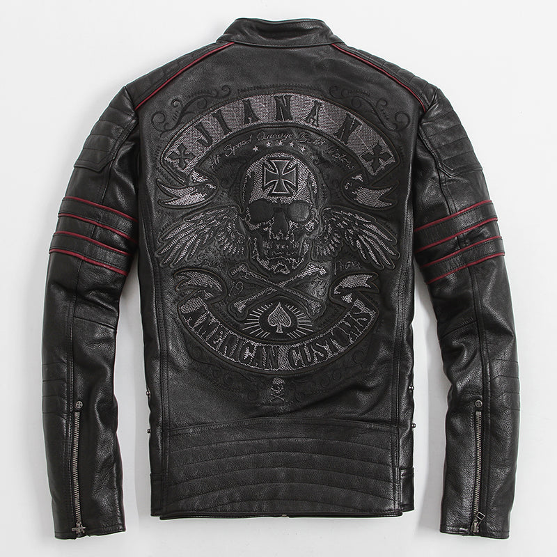 Men Black Skull Embroidery Leather Motorcycle Jacket Real Thick Cowhide Slim Leather Coat