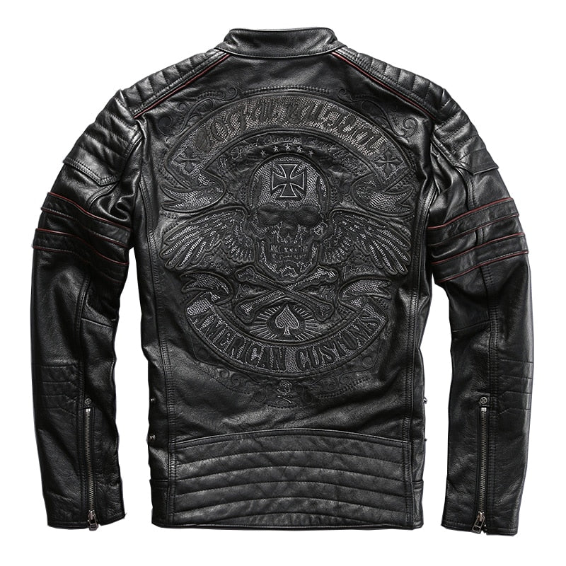 Men Black Skull Embroidery Leather Motorcycle Jacket Real Thick Cowhide Slim Leather Coat