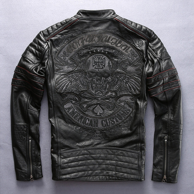 Men Black Skull Embroidery Leather Motorcycle Jacket Real Thick Cowhide Slim Leather Coat