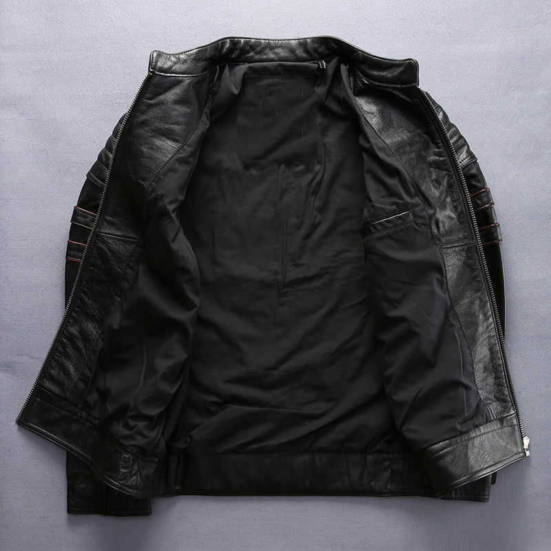 Men Black Skull Embroidery Leather Motorcycle Jacket Real Thick Cowhide Slim Leather Coat