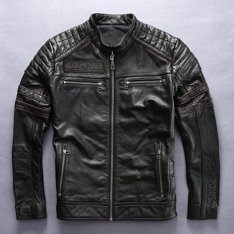 Men Black Skull Embroidery Leather Motorcycle Jacket Real Thick Cowhide Slim Leather Coat