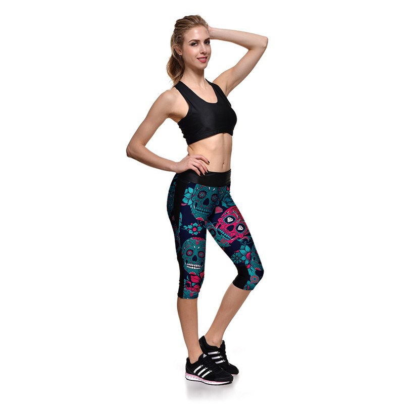 New Women Yoga Pants High Waist Blue Skull Printed Lady Leggings Tracksuit Running Fitness Gym Halloween Women Capris