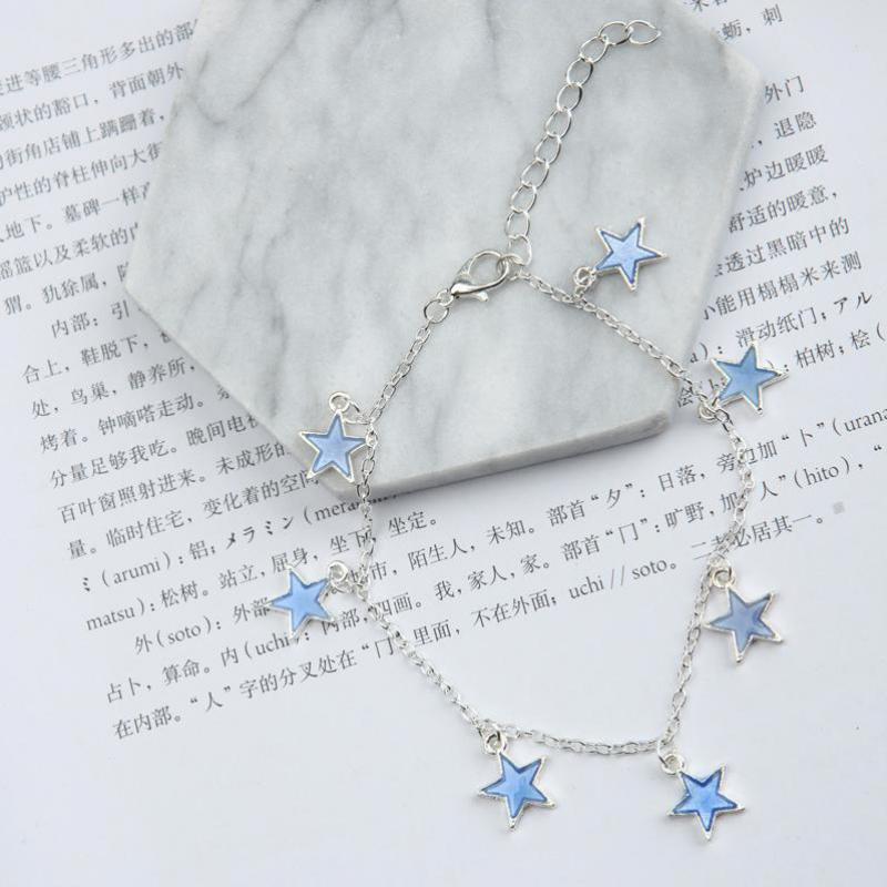 Luminous Ladies Beach Winds Blue Pentagon Star Tassel Anklet Silver Chain Anklets For Women Barefoot Sandals