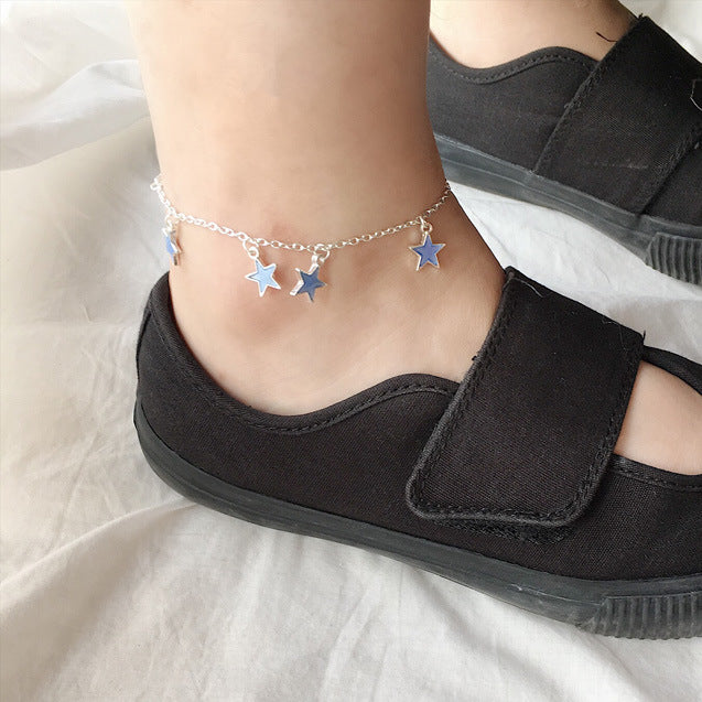Luminous Ladies Beach Winds Blue Pentagon Star Tassel Anklet Silver Chain Anklets For Women Barefoot Sandals