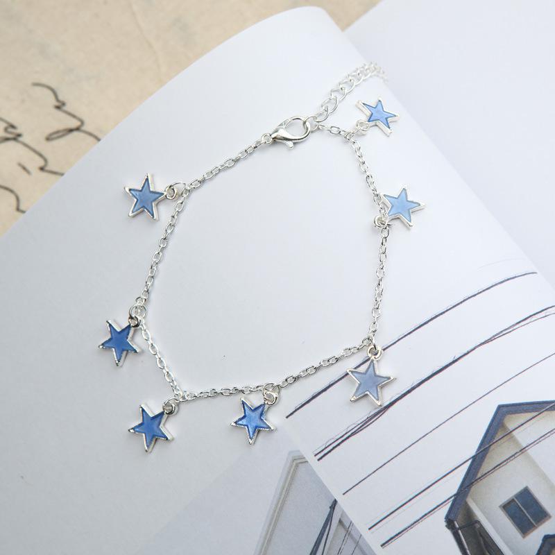 Luminous Ladies Beach Winds Blue Pentagon Star Tassel Anklet Silver Chain Anklets For Women Barefoot Sandals