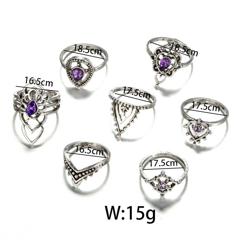 Retro Boho Flower Ring Sets Vintage Purple Crystal Knuckle Midi Rings For Women Beach Anillos Punk Jewellery