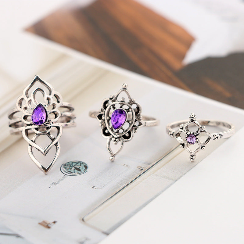Retro Boho Flower Ring Sets Vintage Purple Crystal Knuckle Midi Rings For Women Beach Anillos Punk Jewellery