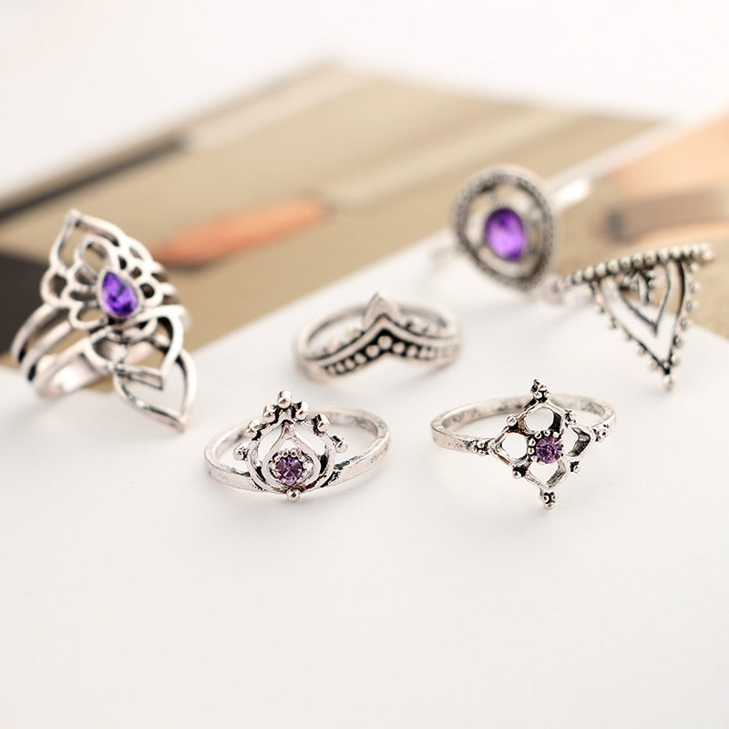 Retro Boho Flower Ring Sets Vintage Purple Crystal Knuckle Midi Rings For Women Beach Anillos Punk Jewellery