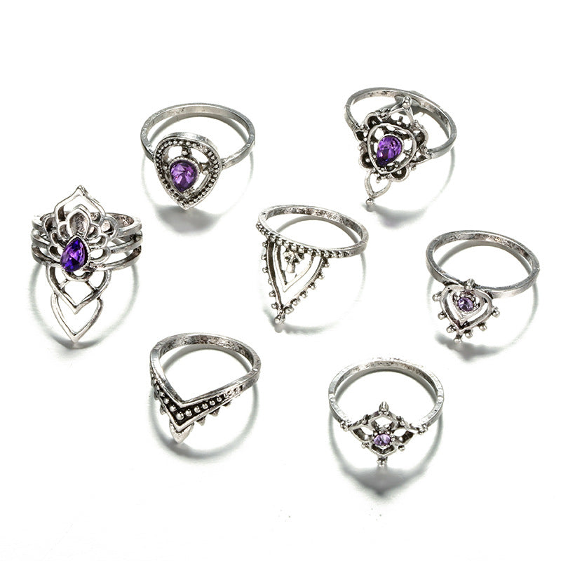 Retro Boho Flower Ring Sets Vintage Purple Crystal Knuckle Midi Rings For Women Beach Anillos Punk Jewellery