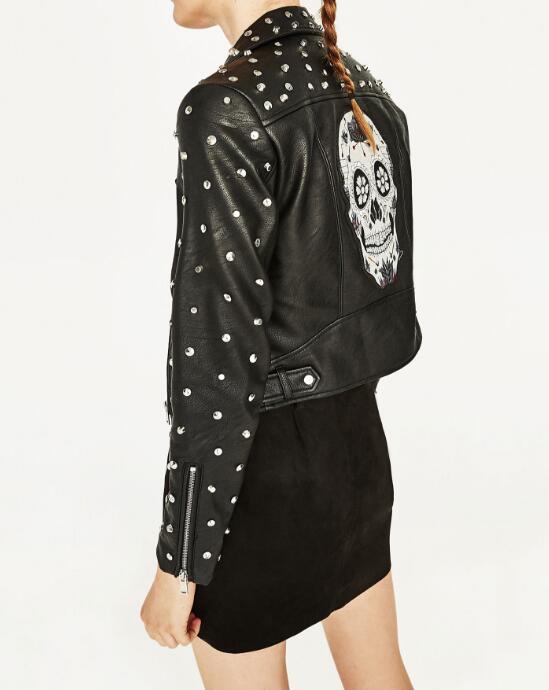 Spring Black Studded Short Faux Leather Jacket Lapel Collar Long sleeves with zips Back With Skull Embroidery Biker JACKETS