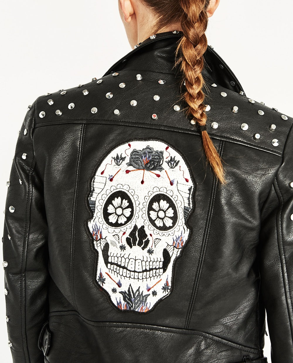 Spring Black Studded Short Faux Leather Jacket Lapel Collar Long sleeves with zips Back With Skull Embroidery Biker JACKETS