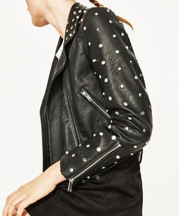 Spring Black Studded Short Faux Leather Jacket Lapel Collar Long sleeves with zips Back With Skull Embroidery Biker JACKETS