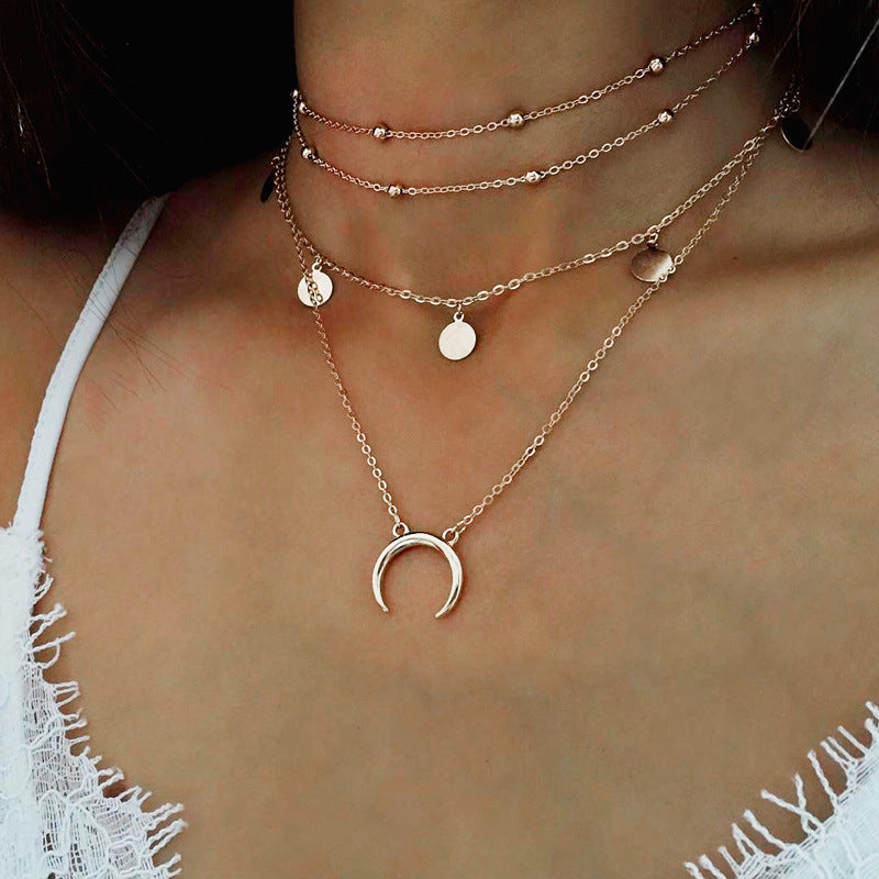 Vintage Bijoux Handmade Necklace Bohemian Multilayer Sequins Moon Crescent Chokers Necklaces For Women