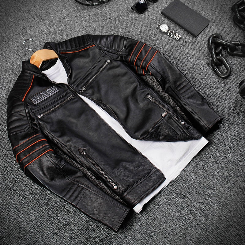 Black Men Skull Embroidery Biker Leather Jacket Plus Size 3XL Genuine Cowhide Short Motorcycle Leather Coat
