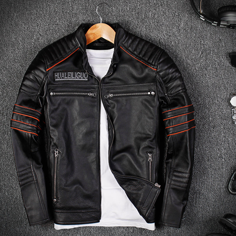 Black Men Skull Embroidery Biker Leather Jacket Plus Size 3XL Genuine Cowhide Short Motorcycle Leather Coat