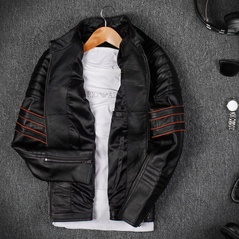 Black Men Skull Embroidery Biker Leather Jacket Plus Size 3XL Genuine Cowhide Short Motorcycle Leather Coat