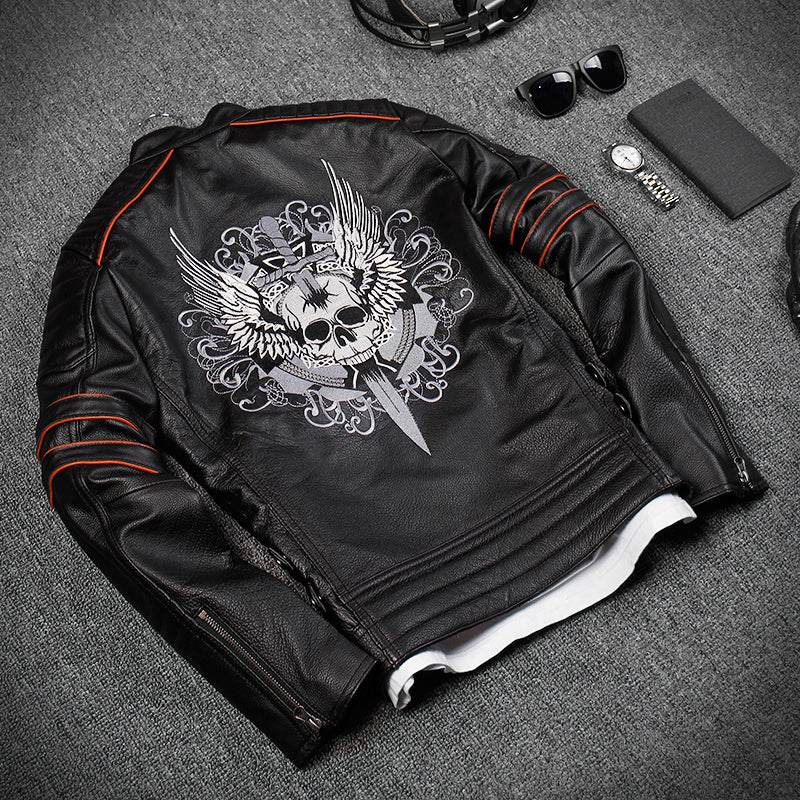 Black Men Skull Embroidery Biker Leather Jacket Plus Size 3XL Genuine Cowhide Short Motorcycle Leather Coat