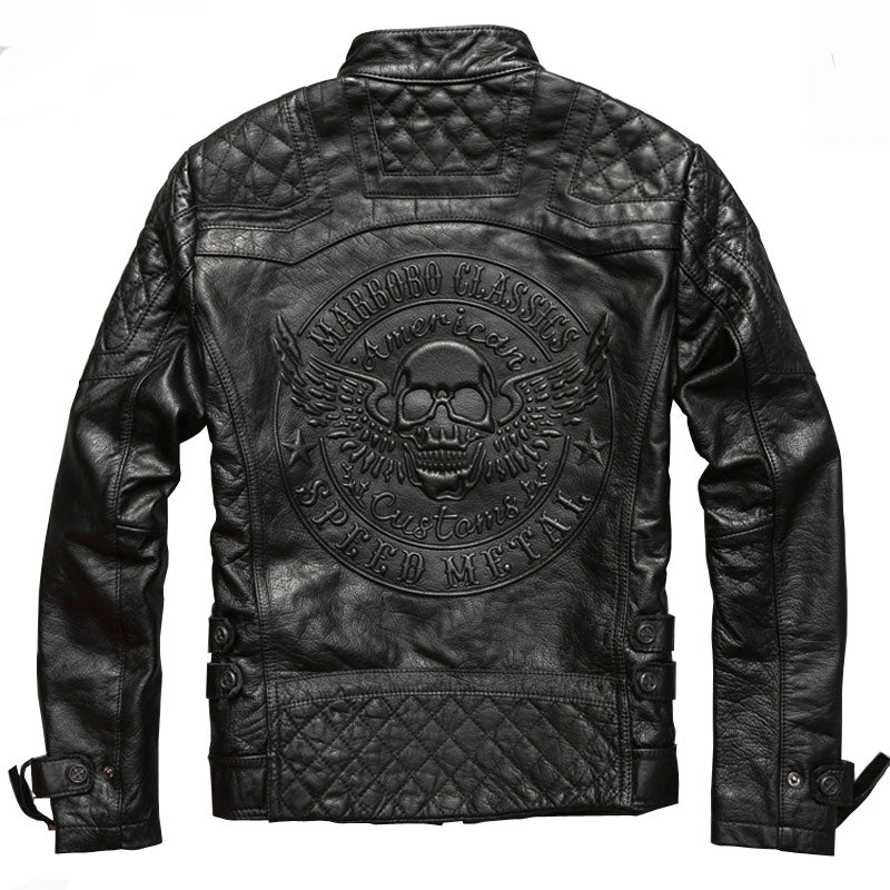 Black Men Skull Pattern Biker's Leather Jacket Plus Size 3XL Genuine Cowhide Slim Fit Motorcycle Leather Coat