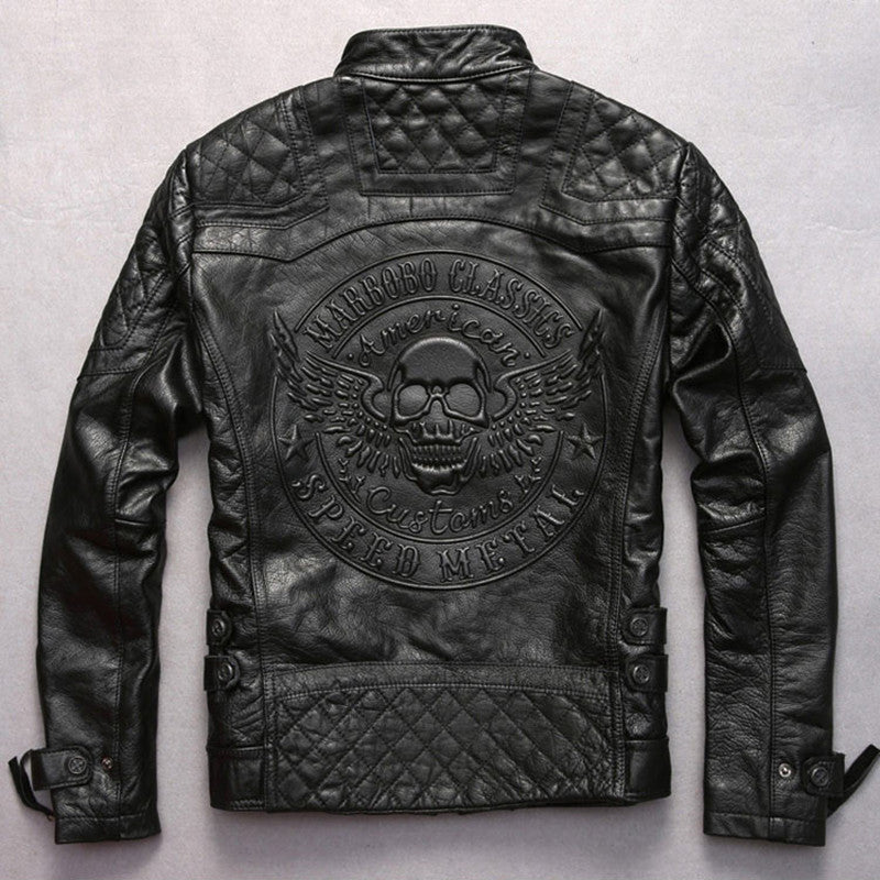 Black Men Skull Pattern Biker's Leather Jacket Plus Size 3XL Genuine Cowhide Slim Fit Motorcycle Leather Coat