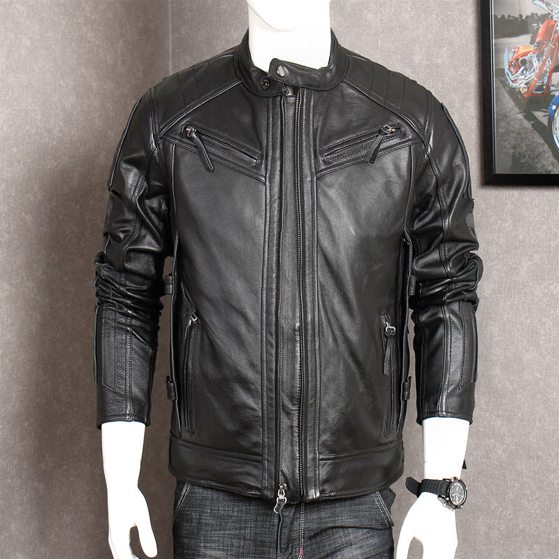 Black Men Slim Fit Biker's Leather Jacket Plus Size XXXL Genuine Thick Cowhide Short Skulls Motorcycle Coat
