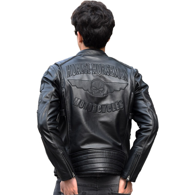 Black Men Slim Fit Biker's Leather Jacket Plus Size XXXL Genuine Thick Cowhide Short Skulls Motorcycle Coat
