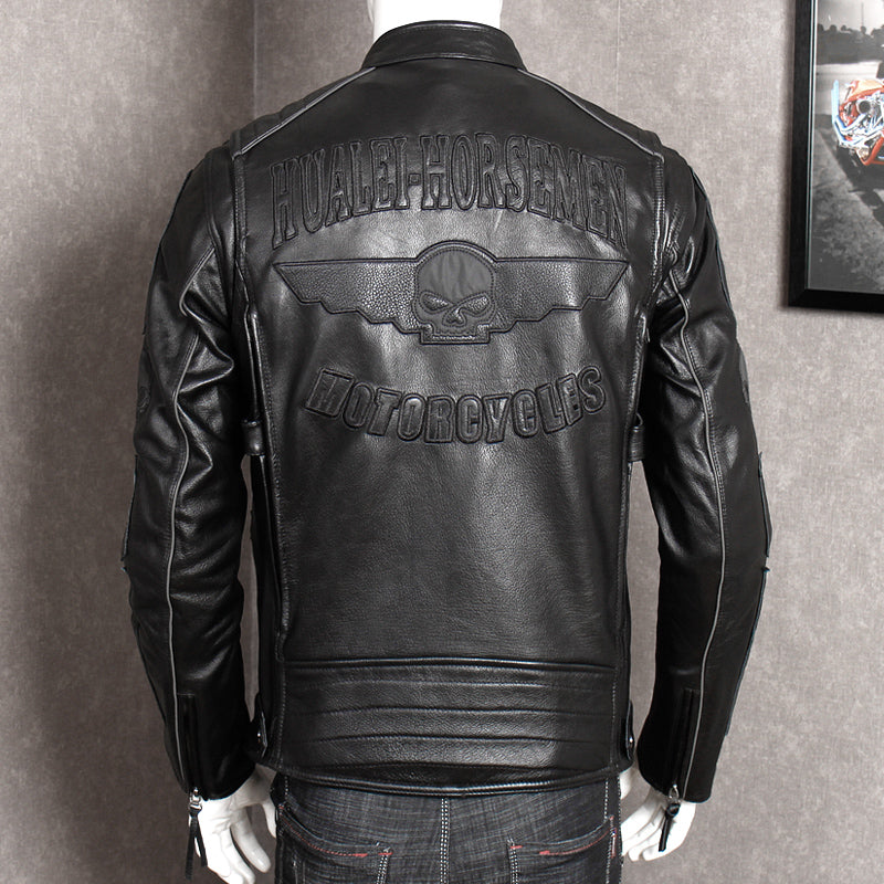Black Men Slim Fit Biker's Leather Jacket Plus Size XXXL Genuine Thick Cowhide Short Skulls Motorcycle Coat