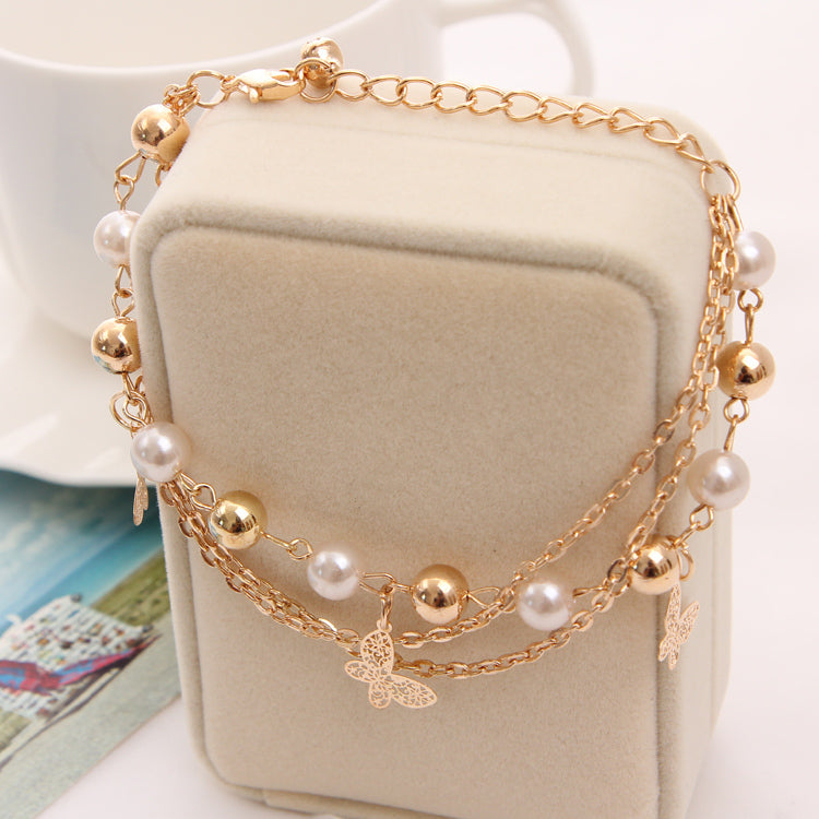 Gold Color Multilayer Beaded Pendant Bracelets and Bangles Fashion Women Heart Butterfly Charm Bracelet Jewelry Accessories