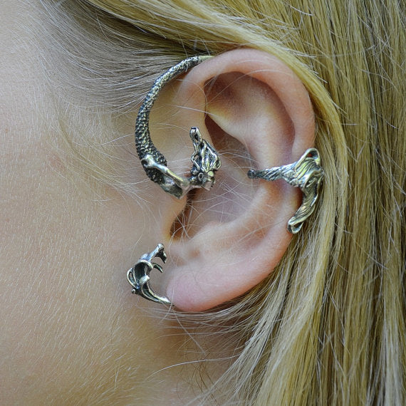 Latest Mermaid Punk Style Metal Ear Cuff Personalized Design Old Silver Color Piercing Earring Jewelry