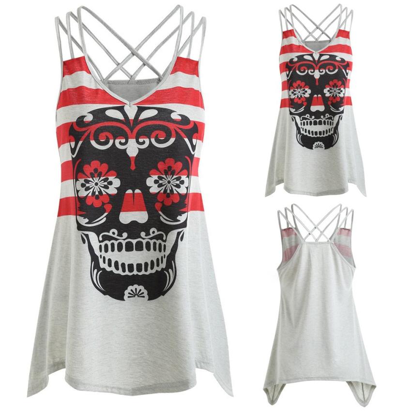New Arrival Hot Sale Summer Women Fashion Sexy Vest Skull Striped Print Sleeveless Cut Out Strap Tank Tops Shirt free ship