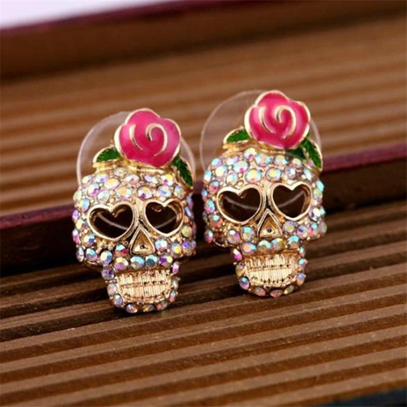 New Arrivals European and American Fashion Roses Skull Head Brincos Oorbellen Colored Crystal Stud Earrings Women Jewelry