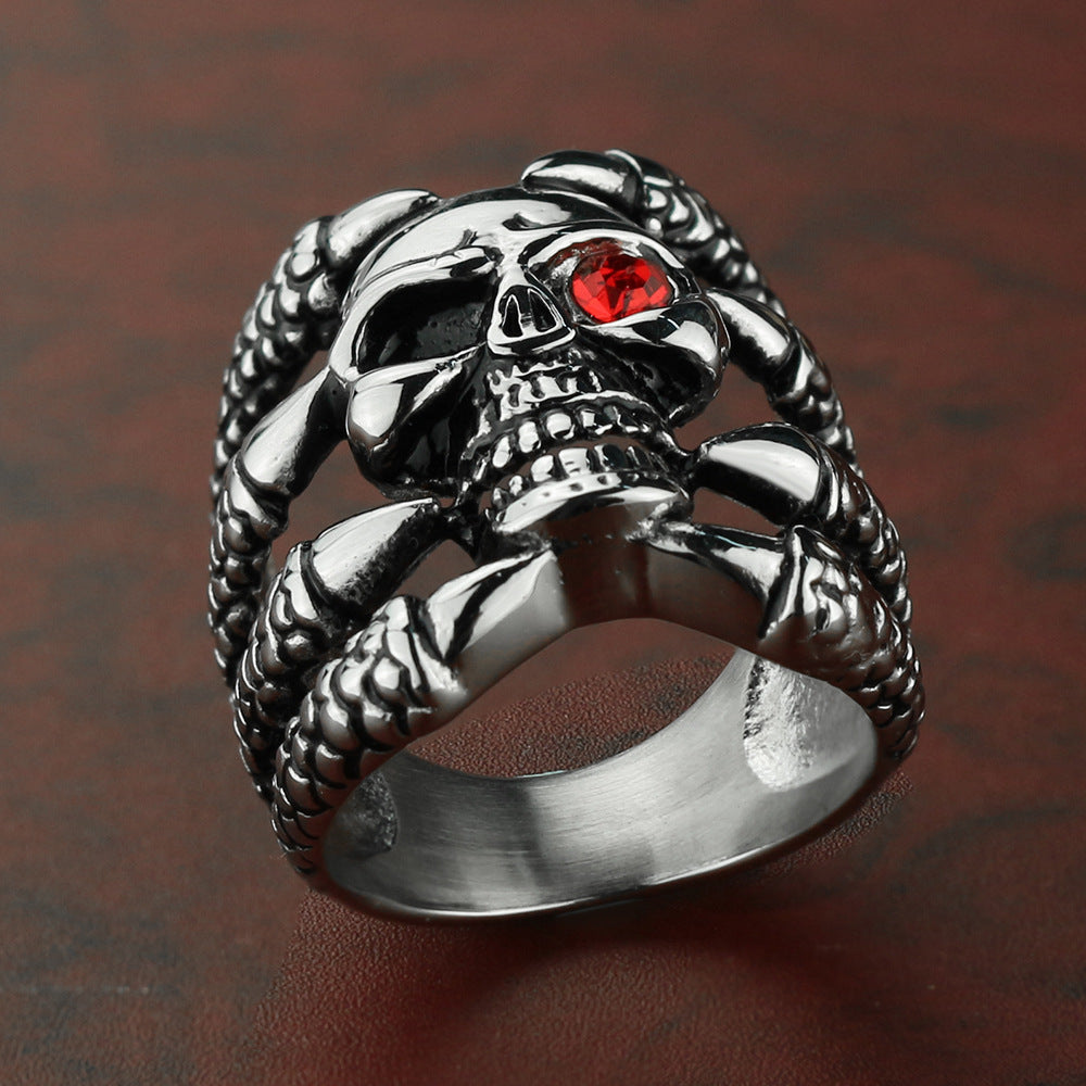 New Men'S Retro Gothic Skull Biker Metal Ring With Red Eyes Stainless Steel Fashion Color Punk For Men Us Ring Size 6C0297