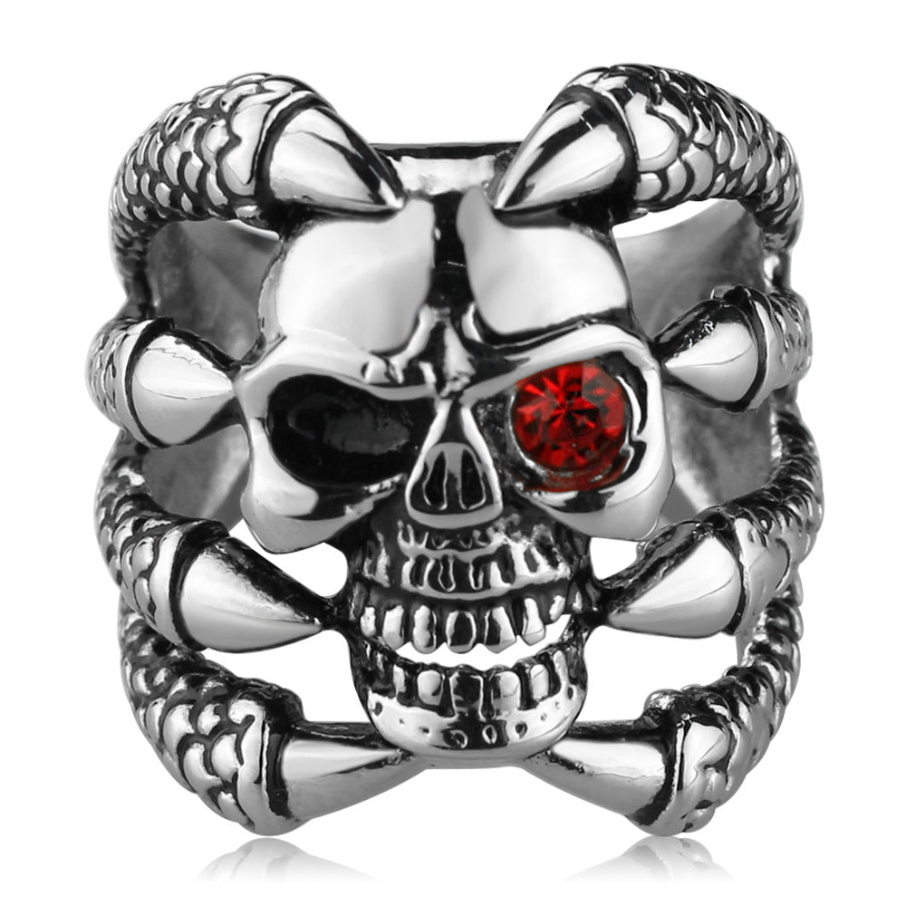 New Men'S Retro Gothic Skull Biker Metal Ring With Red Eyes Stainless Steel Fashion Color Punk For Men Us Ring Size 6C0297