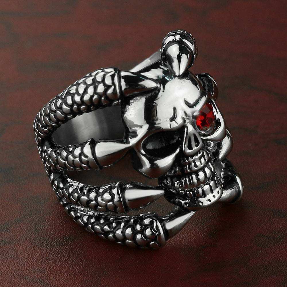 New Men'S Retro Gothic Skull Biker Metal Ring With Red Eyes Stainless Steel Fashion Color Punk For Men Us Ring Size 6C0297