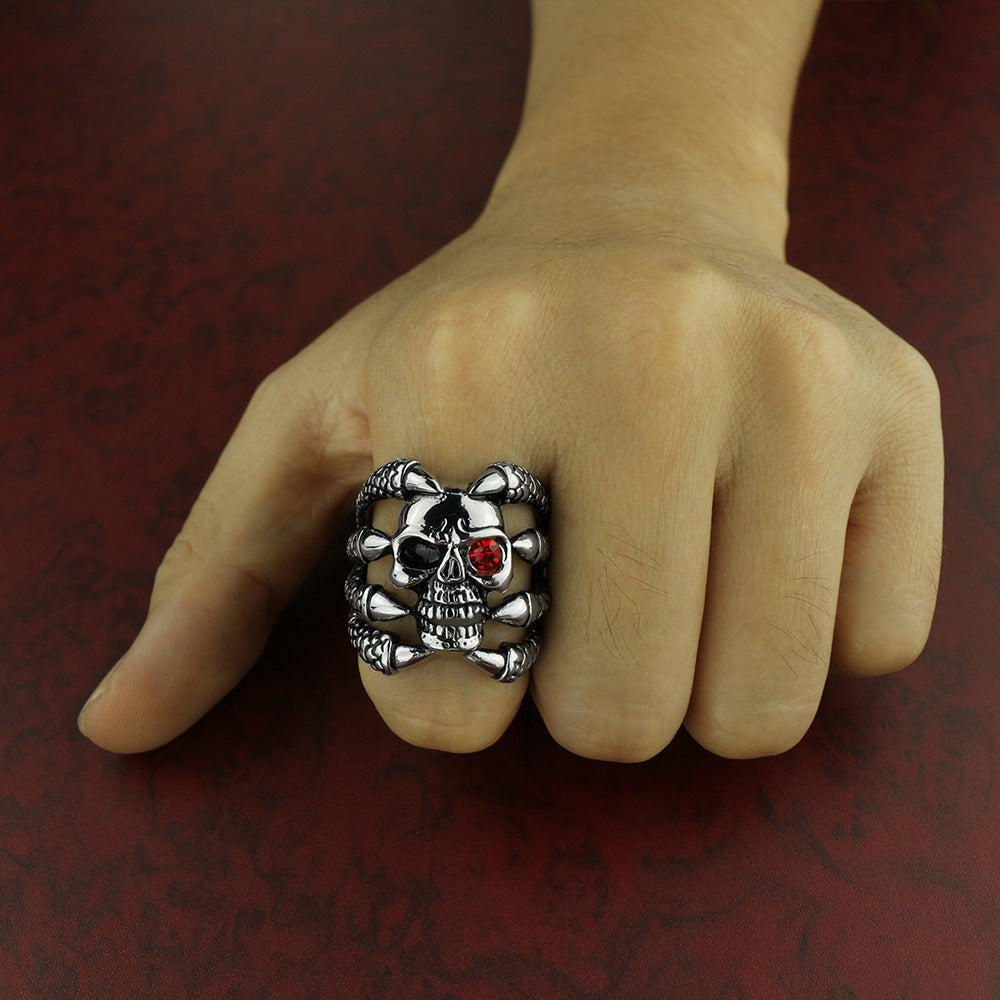 New Men'S Retro Gothic Skull Biker Metal Ring With Red Eyes Stainless Steel Fashion Color Punk For Men Us Ring Size 6C0297