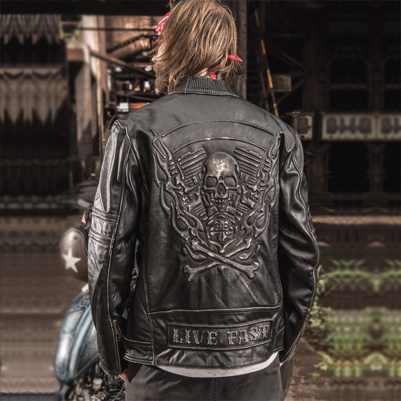 New Men Vintage Skulls Genuine Leather Motorcycle Jackets Black Stand Collar Cowskin Slim Fit Men Winter Biker Coats