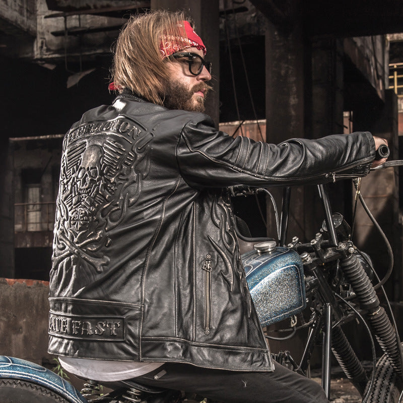 New Men Vintage Skulls Genuine Leather Motorcycle Jackets Black Stand Collar Cowskin Slim Fit Men Winter Biker Coats