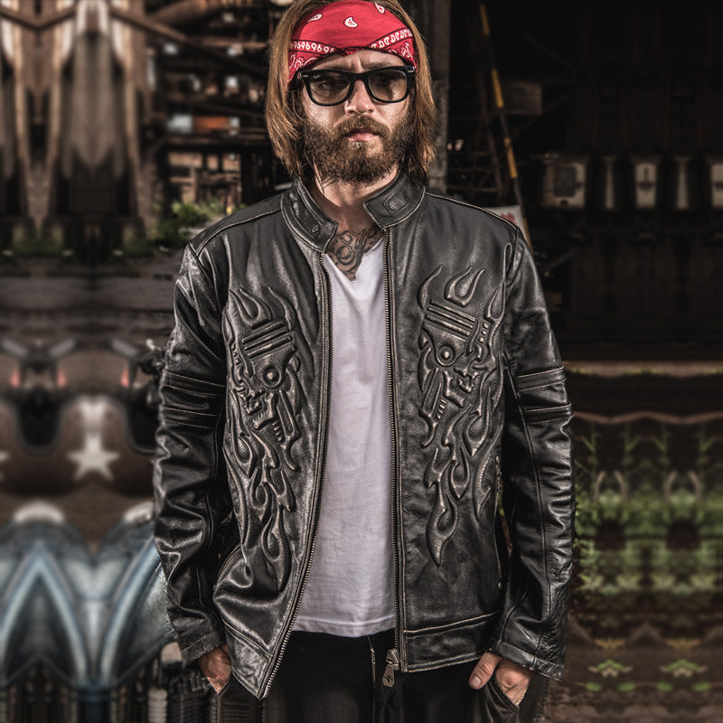 New Men Vintage Skulls Genuine Leather Motorcycle Jackets Black Stand Collar Cowskin Slim Fit Men Winter Biker Coats