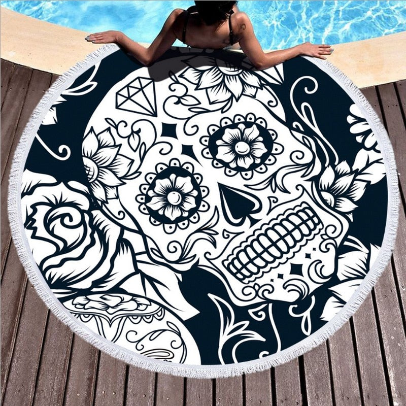 New Popular Sugar Skull Printed Large Round Beach Towel for Adults Microfiber Summer Towel Yoga Mat 150cm Beach Blanket
