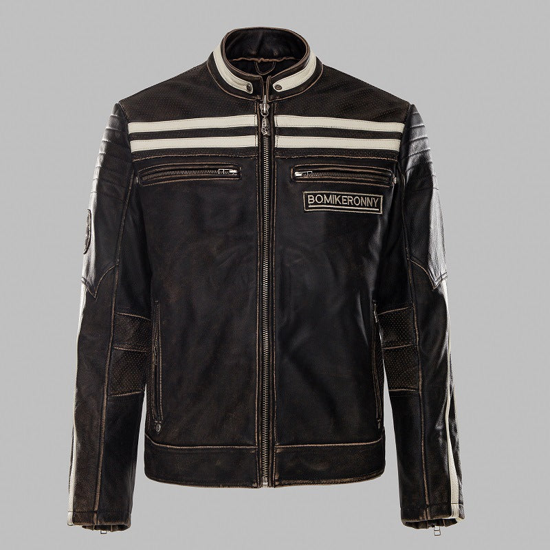 New Vintage Black Motorcycle Leather jacket Men Back skull Embroidery Thick Cowskin Biker Jacket Winter Coats S-XXXL