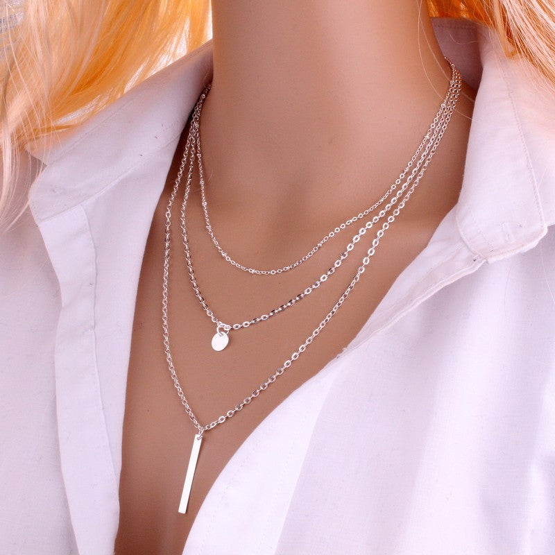 New Women Fashion Gold Color 3 Layers Chain Necklace Hollow Out Triangle Long Pendant Necklaces Jewelry Free shipping