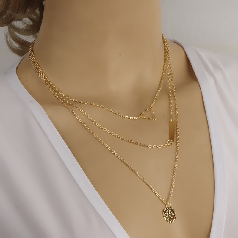 New Women Fashion Gold Color 3 Layers Chain Necklace Hollow Out Triangle Long Pendant Necklaces Jewelry Free shipping