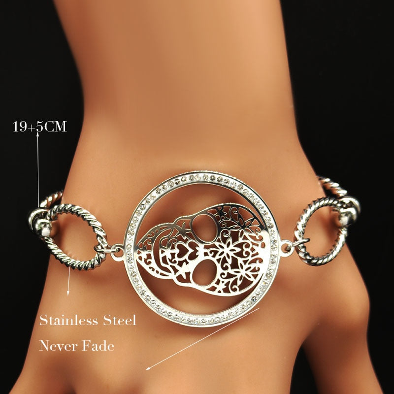 Skull Crystal Stainless Steel Bracelet Women Silver Color Bracelets
