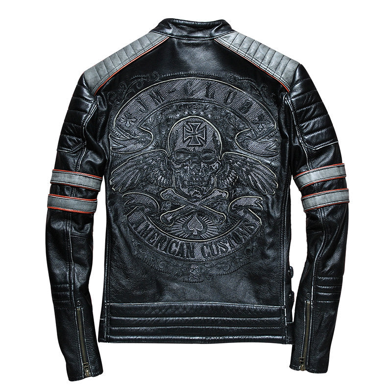 Vintage Black Men Skull Embroidery Biker's Leather Jacket Plus Size 3XL